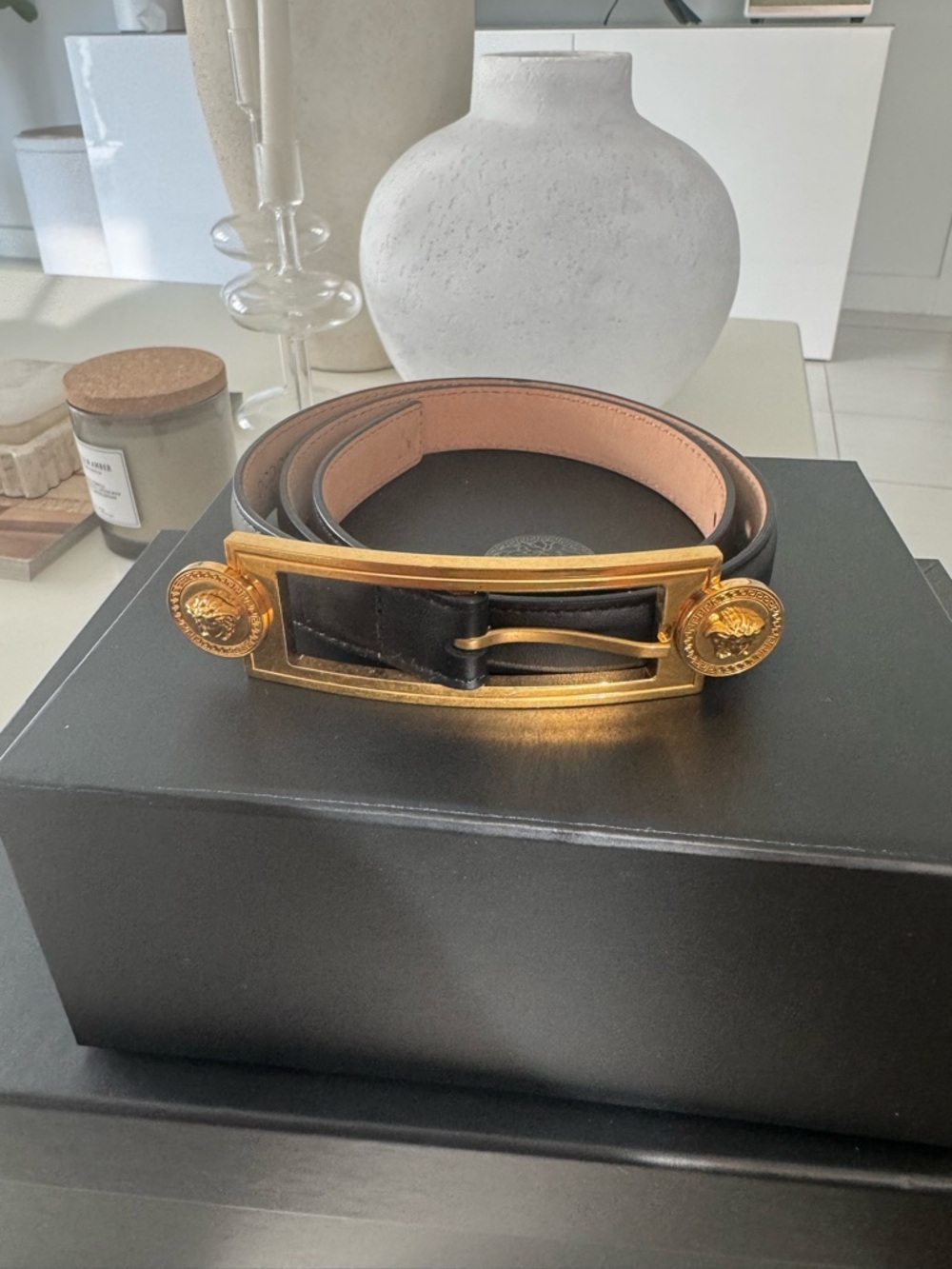 Versace Black and Gold Leather Belt with Medallion Frame Buckle
